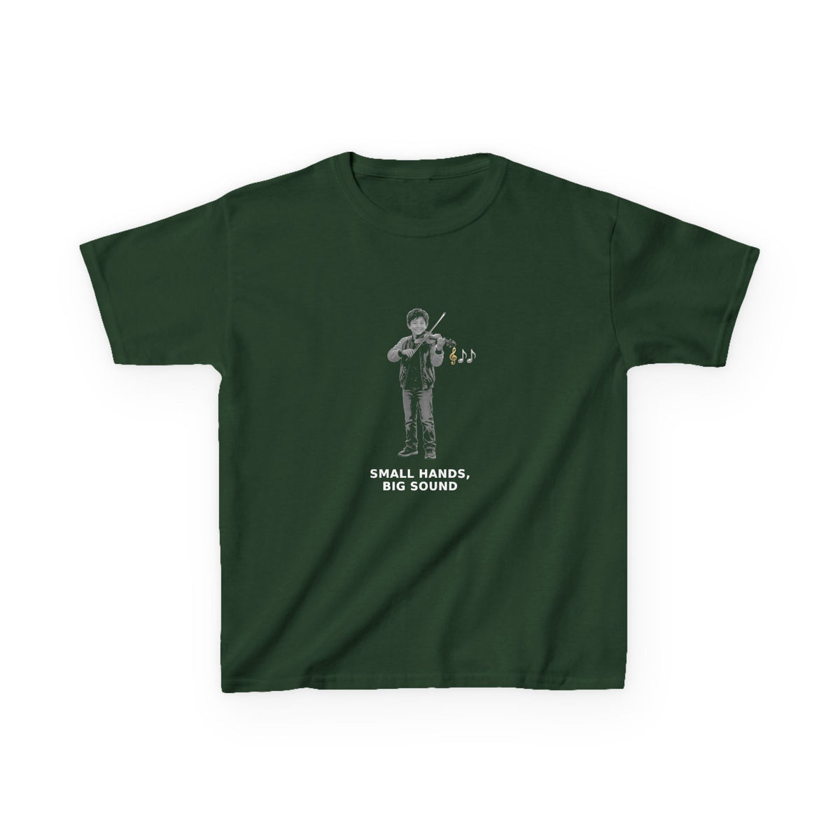 Small Hands, Big Sound — Asian Boy Violin Pre-Teen Musician Tee (White Ink) (Budget Edition) (Front Print)