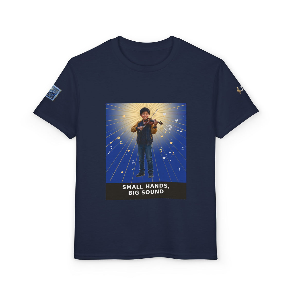 Small Hands, Big Sound — Asian Boy Violin Pre-Teen Musician Tee (Deep Blue)