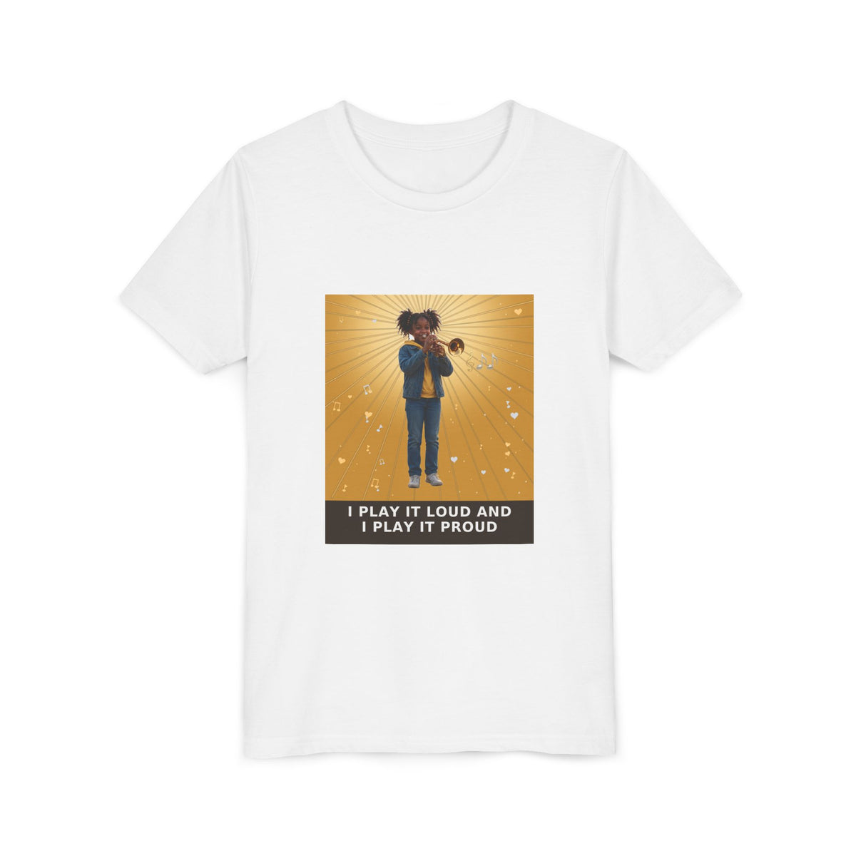 I Play It Loud and I Play It Proud — Black Girl Trumpet Pre-Teen Musician Tee (Golden Amber) (Front Print)