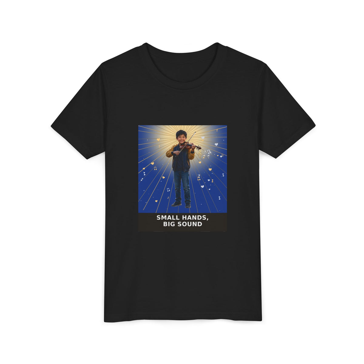Small Hands, Big Sound — Asian Boy Violin Pre-Teen Musician Tee (Deep Blue) (Front Print)