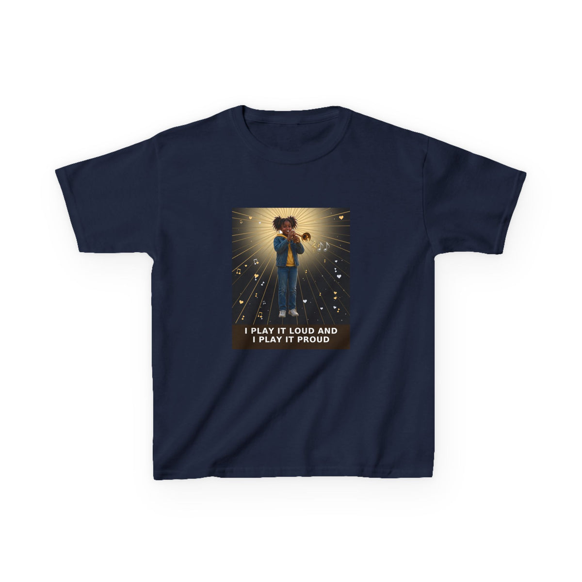 I Play It Loud and I Play It Proud — Black Girl Trumpet Pre-Teen Musician Tee (Budget Edition) (Front Print)