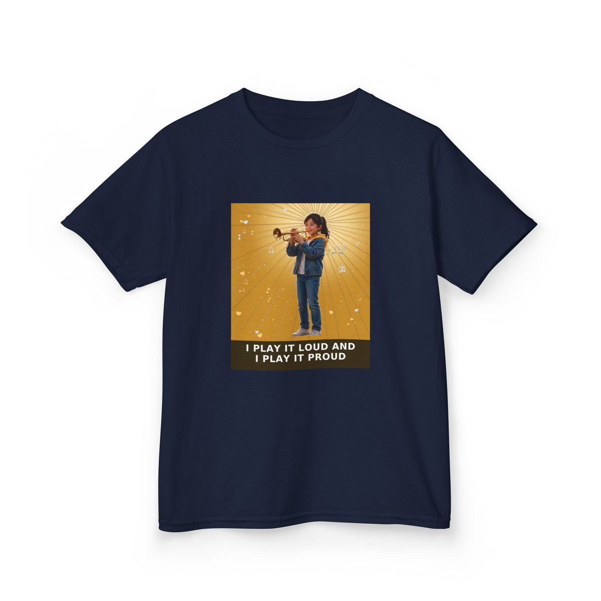 I Play It Loud and I Play It Proud — Asian Girl Trumpet Pre-Teen Musician Tee (Golden Amber) (Budget Edition) (Front Print)