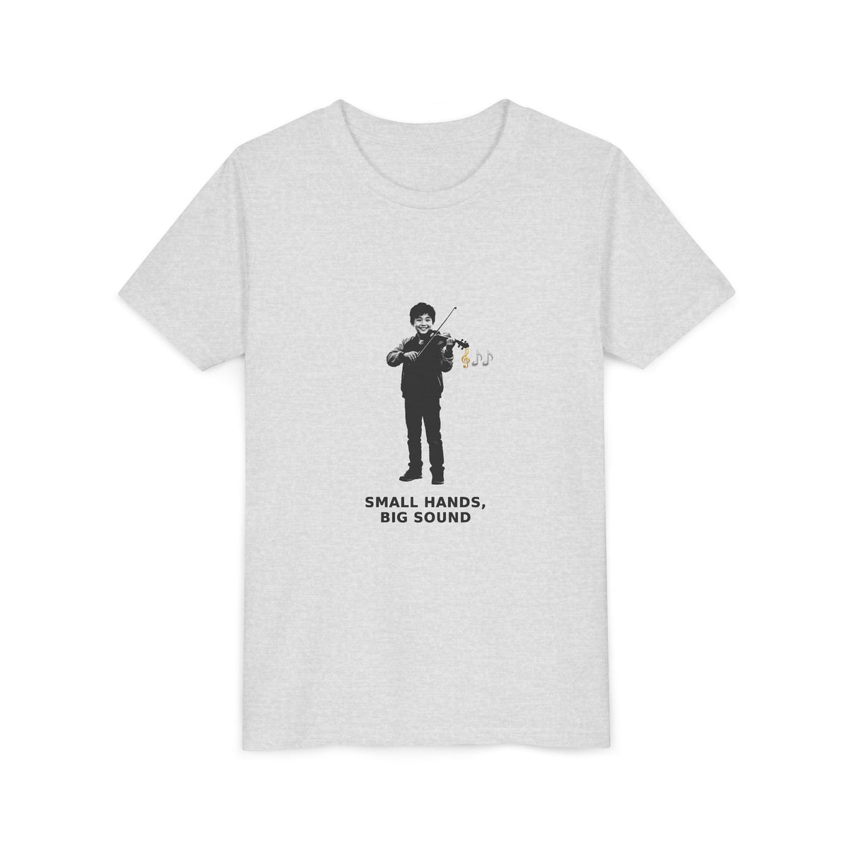 Small Hands, Big Sound — Asian Boy Violin Pre-Teen Musician Tee (Black Ink) (Front Print)