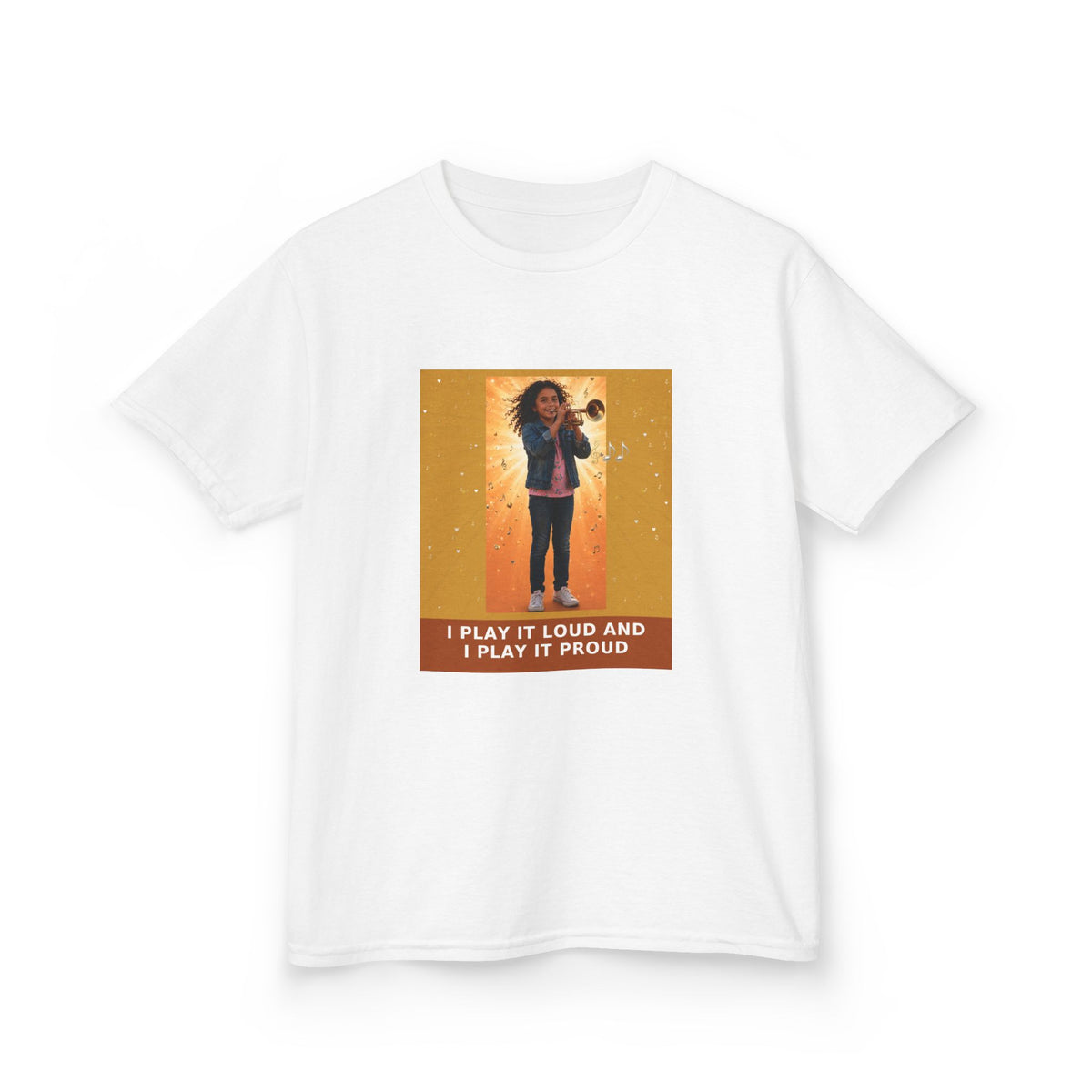 I Play It Loud and I Play It Proud — Latina Girl Trumpet Pre-Teen Musician Tee (Golden Amber) (Budget Edition) (Front Print)