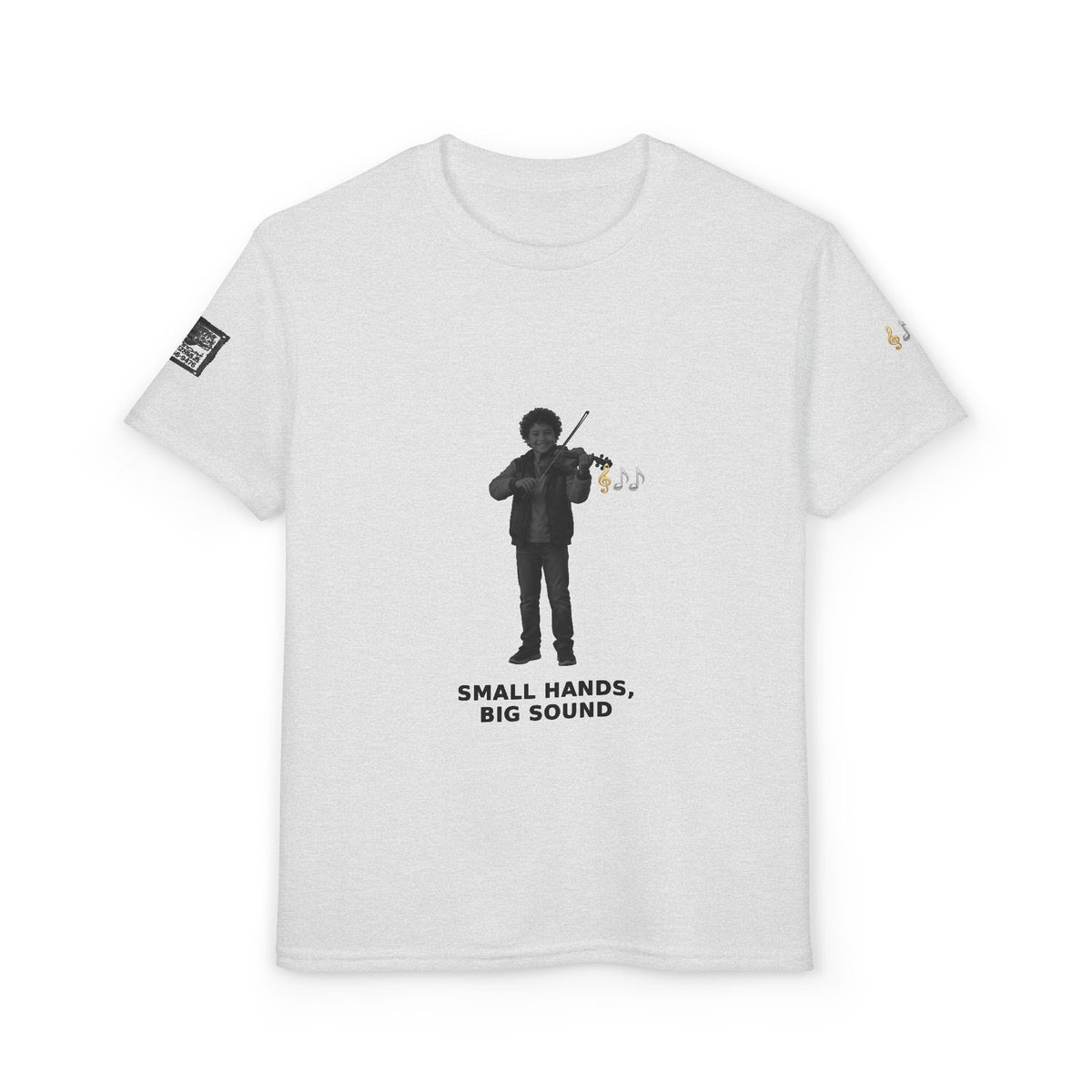 Small Hands, Big Sound — Latino Boy Violin Pre-Teen Musician Tee (Black Ink)