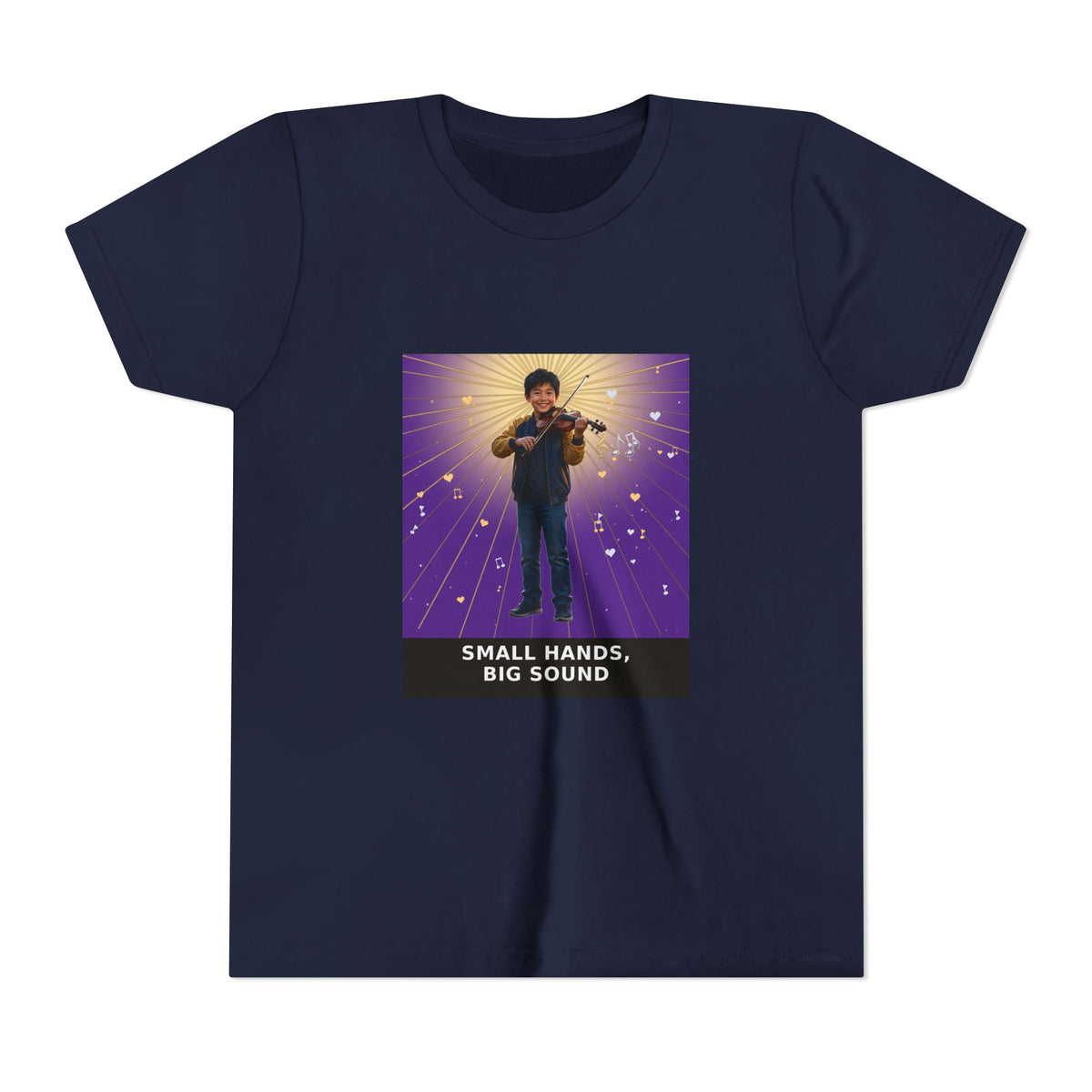 Small Hands, Big Sound — Asian Boy Violin Pre-Teen Musician Tee (Royal Purple) (Front Print)