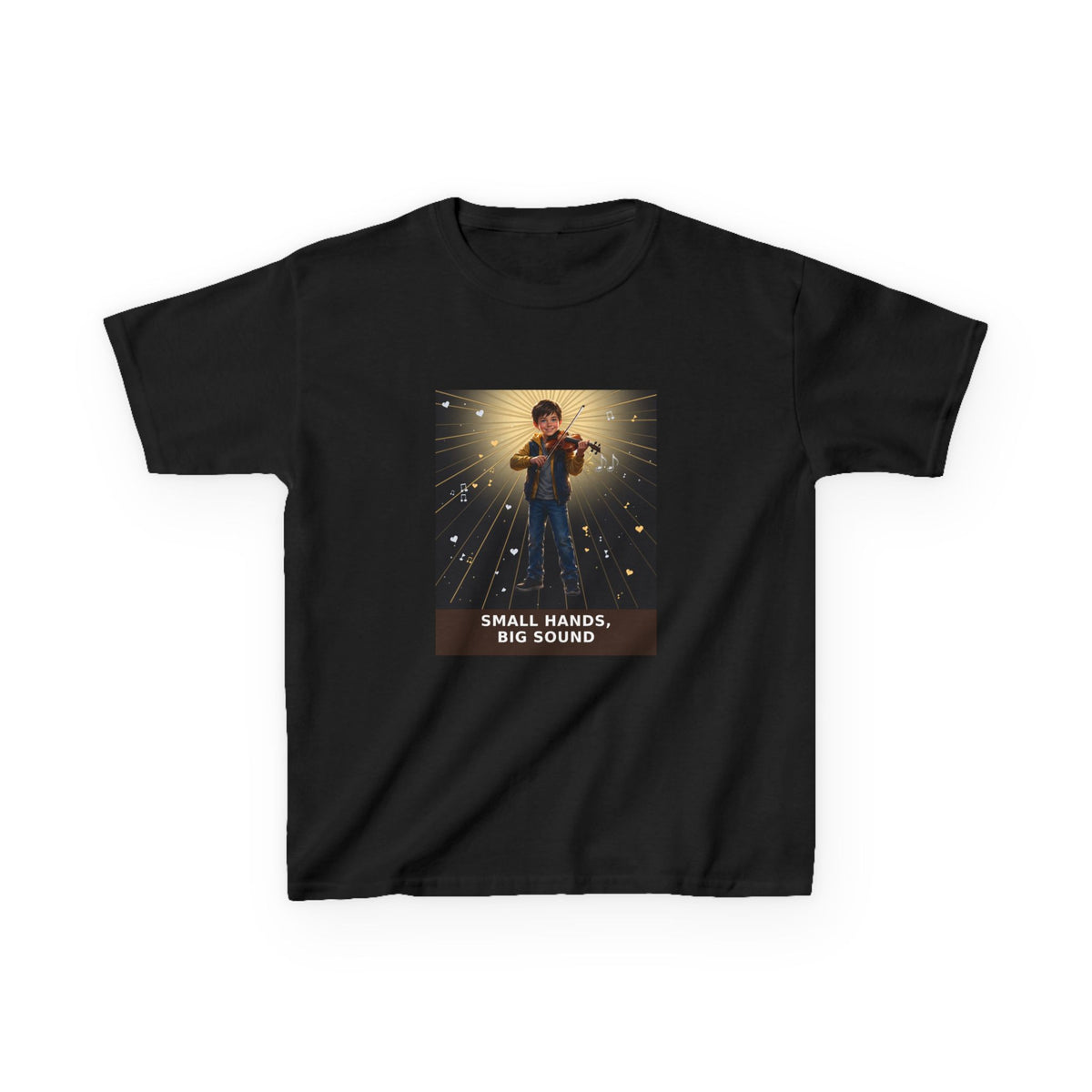 Small Hands, Big Sound — Boy Violin Pre-Teen Musician Tee (Budget Edition) (Front Print)