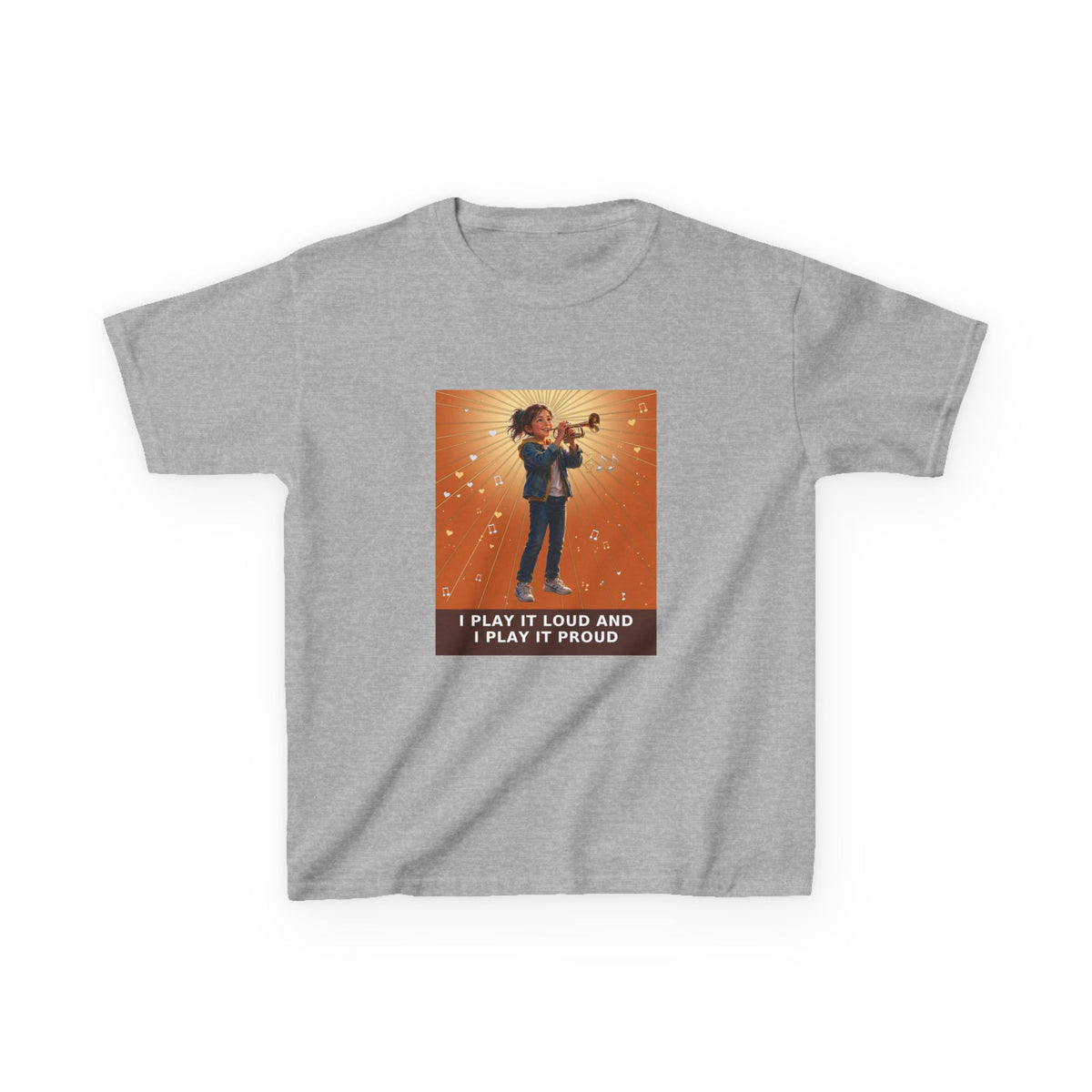 I Play It Loud and I Play It Proud — Girl Trumpet Pre-Teen Musician Tee (Sunset Orange) (Budget Edition) (Front Print)