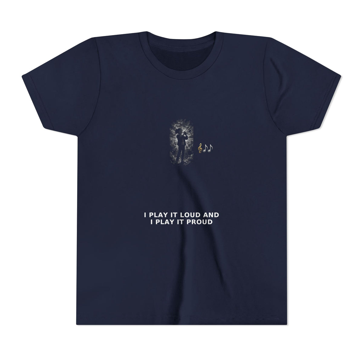 I Play It Loud and I Play It Proud — Girl Trumpet Pre-Teen Musician Tee (White Ink) (Front Print)
