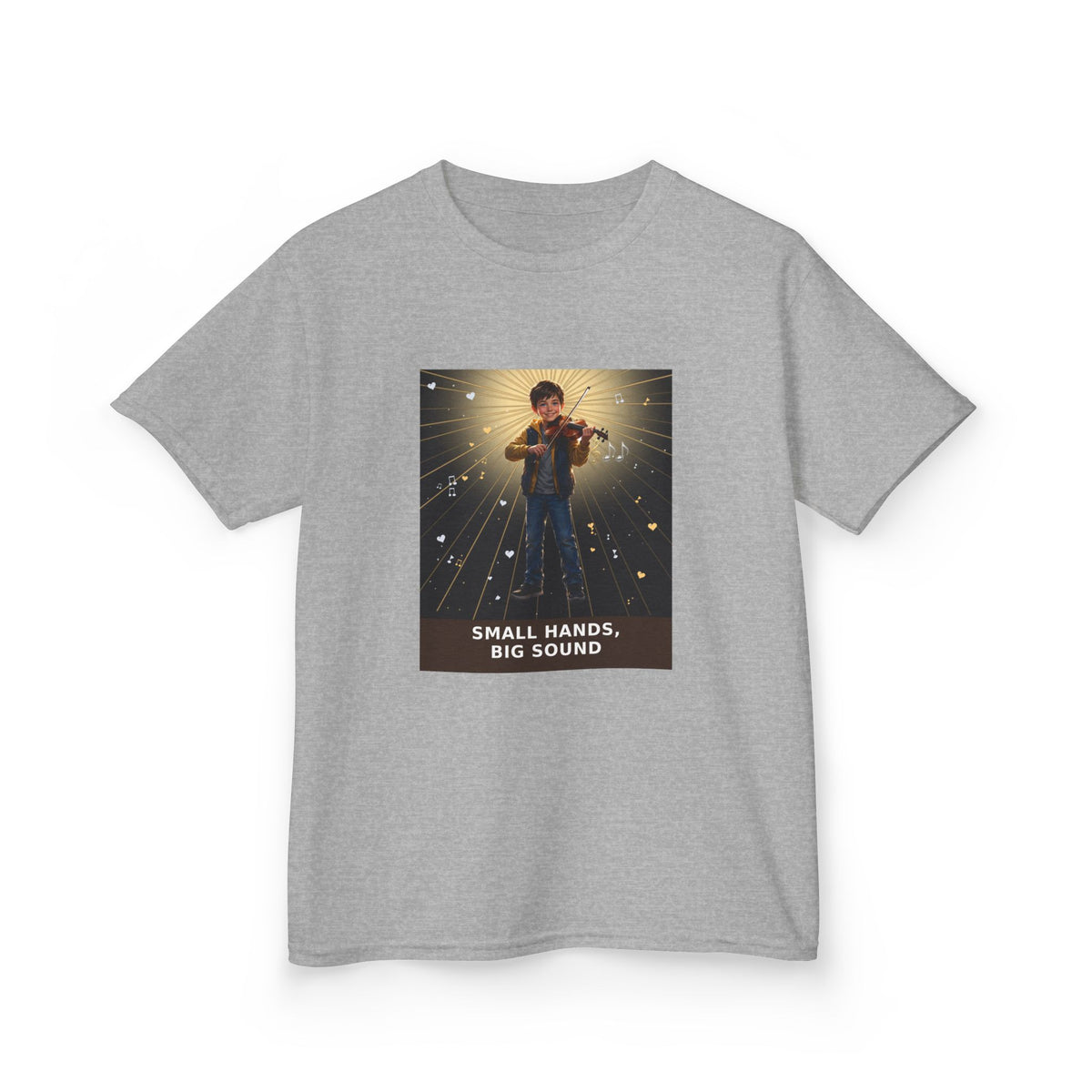 Small Hands, Big Sound — Boy Violin Pre-Teen Musician Tee (Budget Edition) (Front Print)