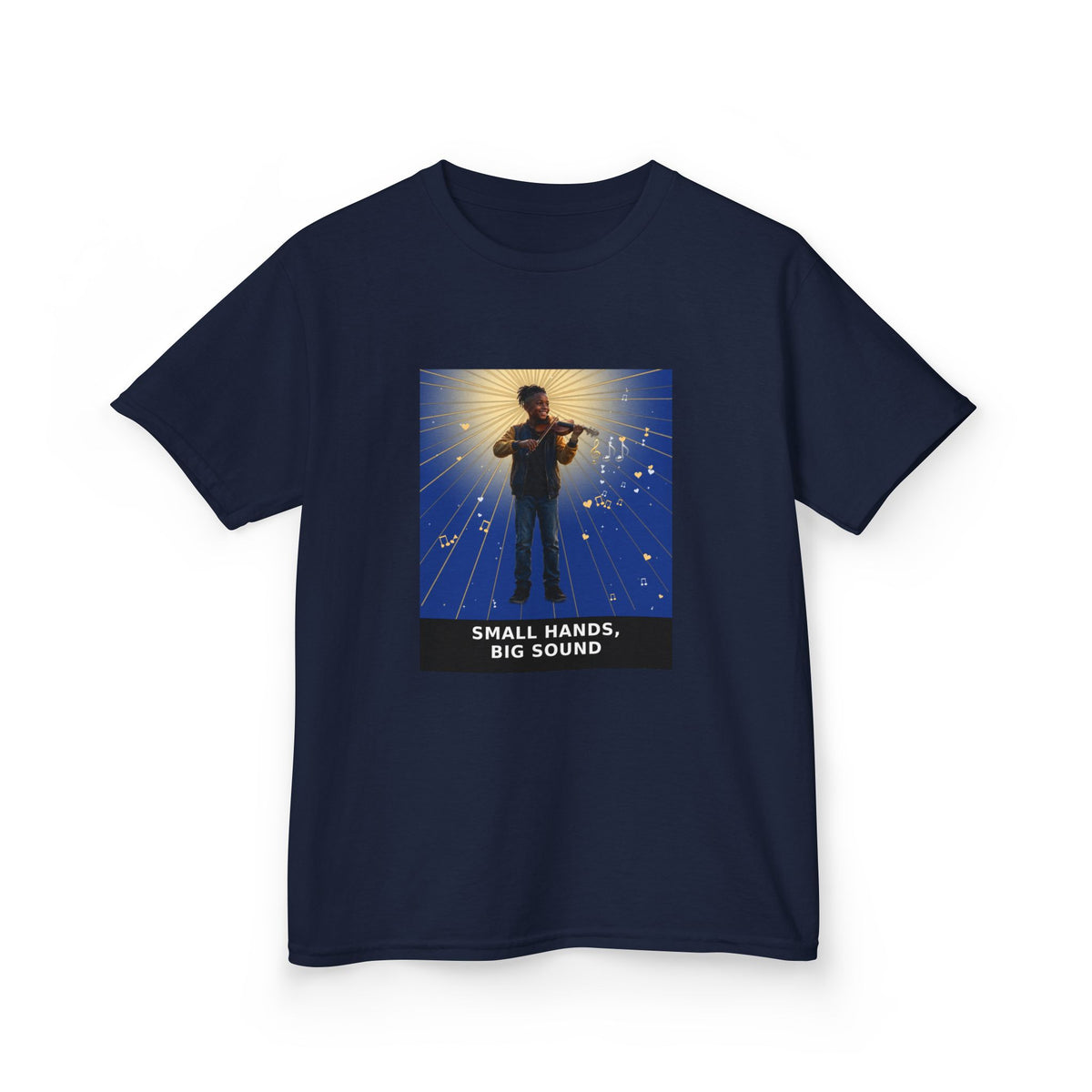 Small Hands, Big Sound — Black Boy Violin Pre-Teen Musician Tee (Deep Blue) (Budget Edition) (Front Print)