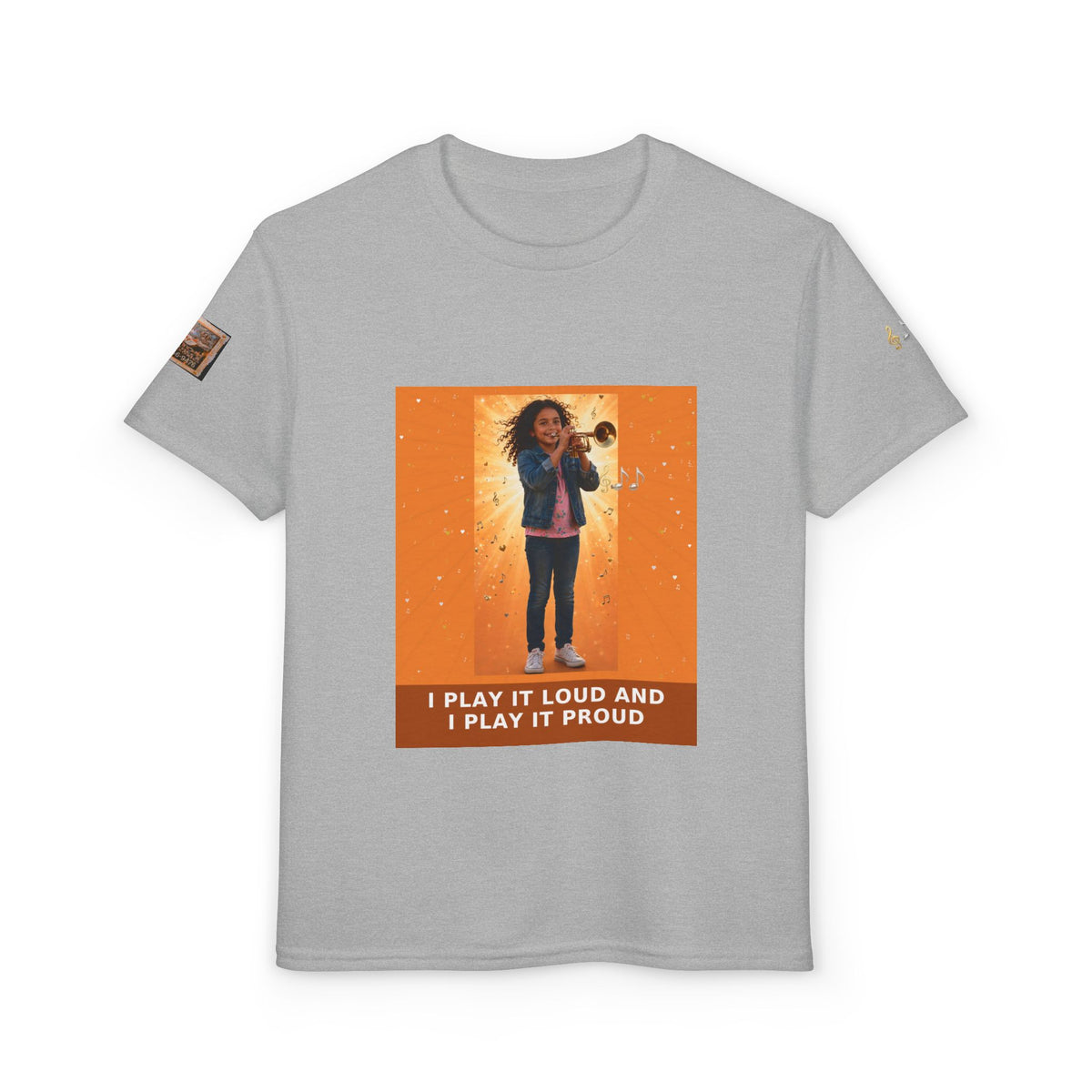 I Play It Loud and I Play It Proud — Latina Girl Trumpet Pre-Teen Musician Tee (Sunset Orange)