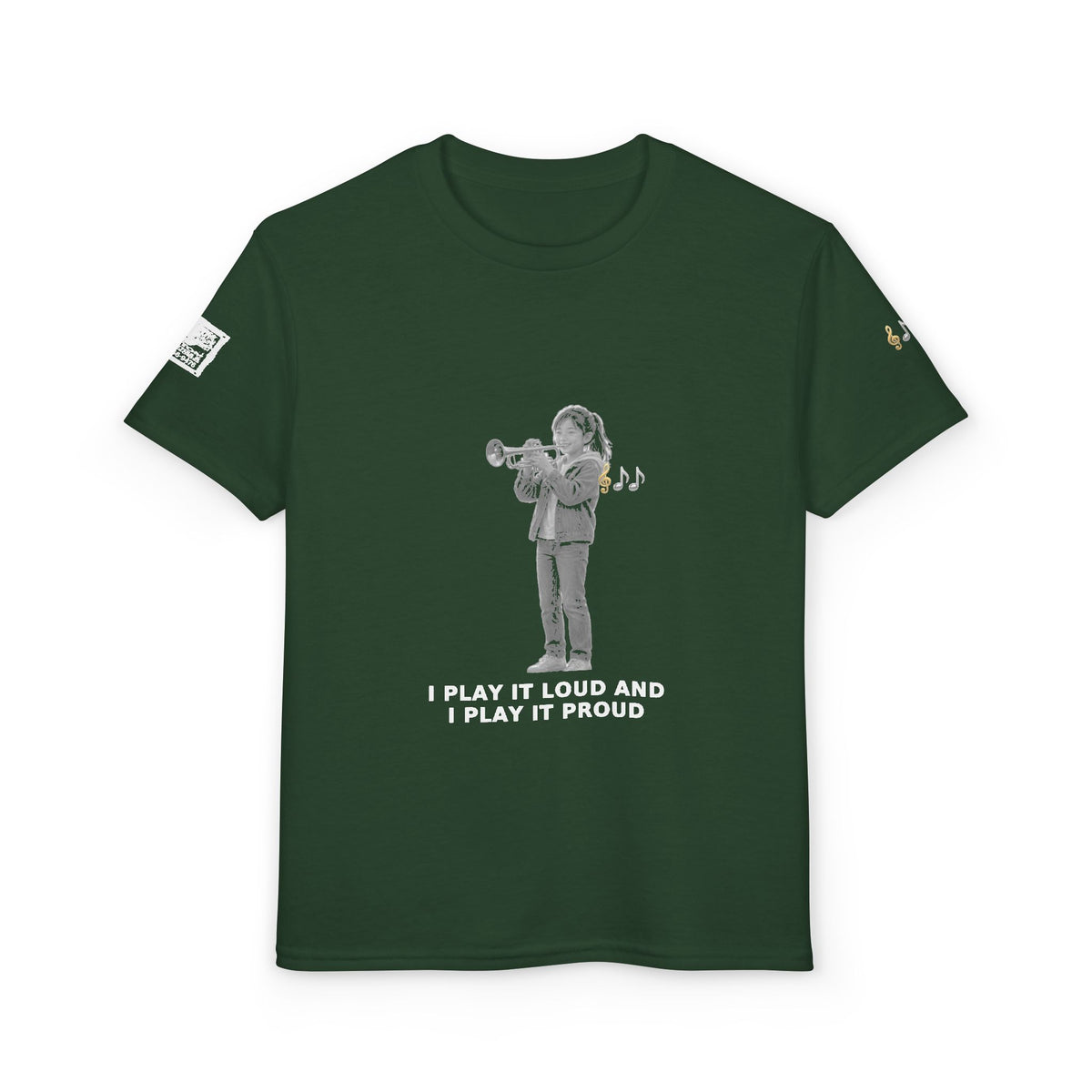 I Play It Loud and I Play It Proud — Asian Girl Trumpet Pre-Teen Musician Tee (White Ink) (Budget Edition)