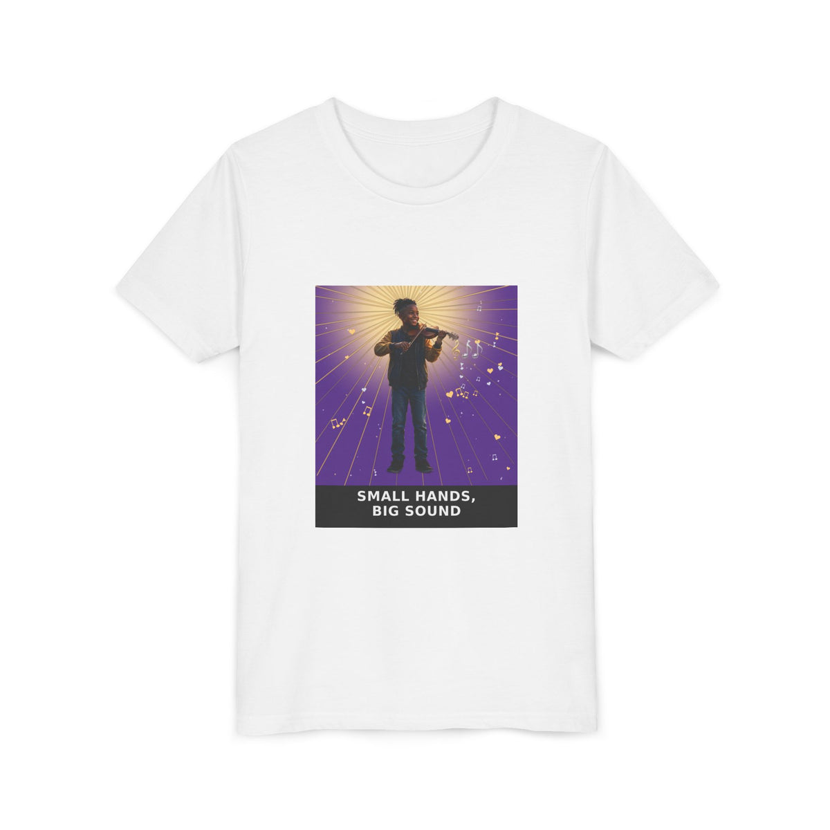 Small Hands, Big Sound — Black Boy Violin Pre-Teen Musician Tee (Royal Purple) (Front Print)