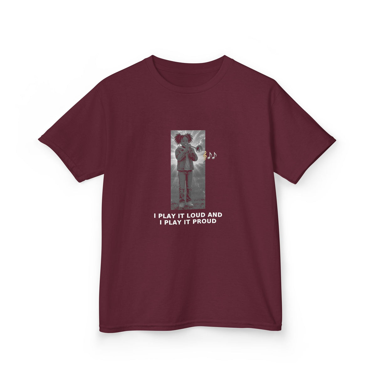 I Play It Loud and I Play It Proud — Black Girl Trumpet Pre-Teen Musician Tee (White Ink) (Budget Edition) (Front Print)