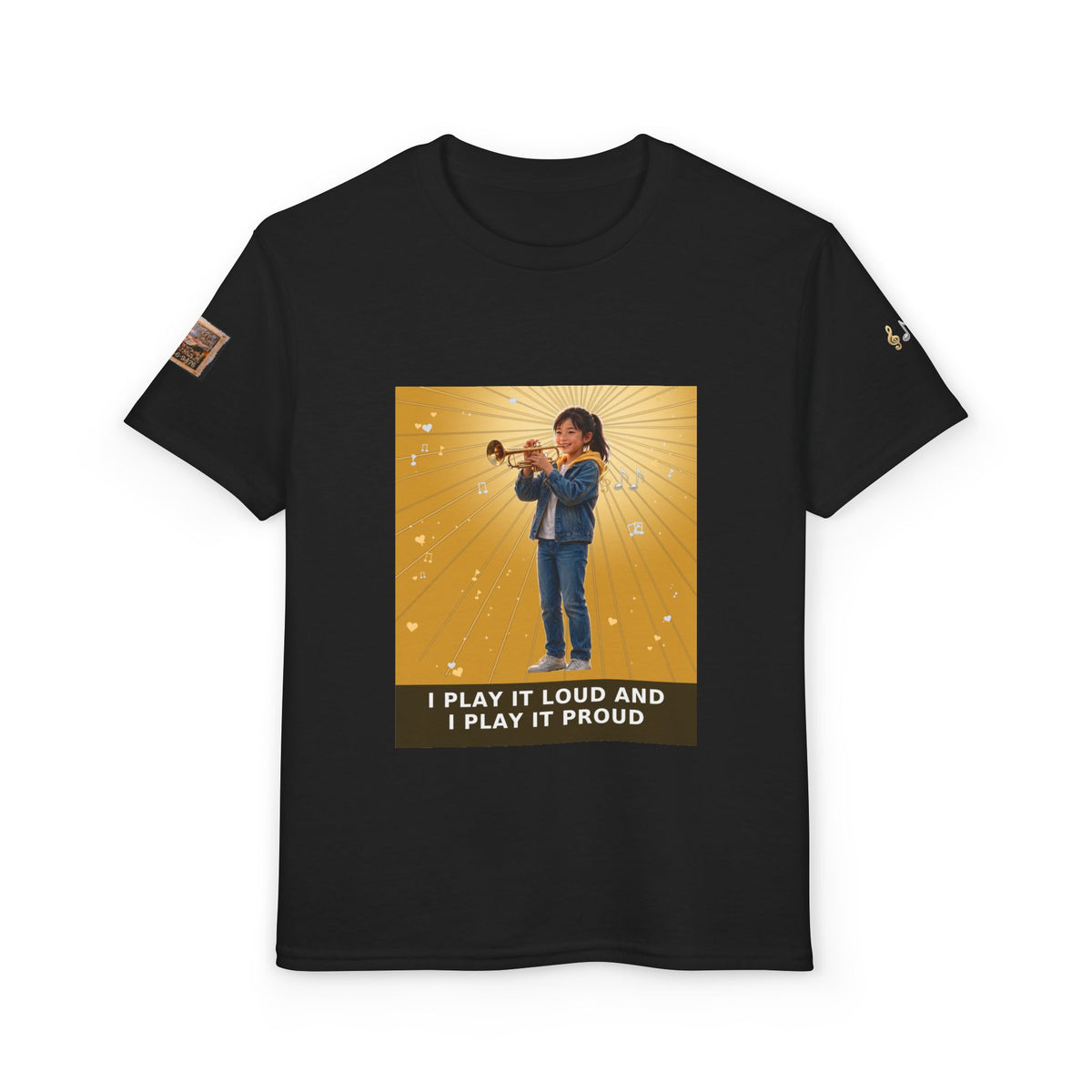 I Play It Loud and I Play It Proud — Asian Girl Trumpet Pre-Teen Musician Tee (Golden Amber)
