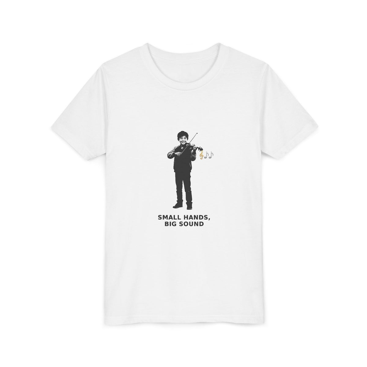 Small Hands, Big Sound — Asian Boy Violin Pre-Teen Musician Tee (Black Ink) (Front Print)