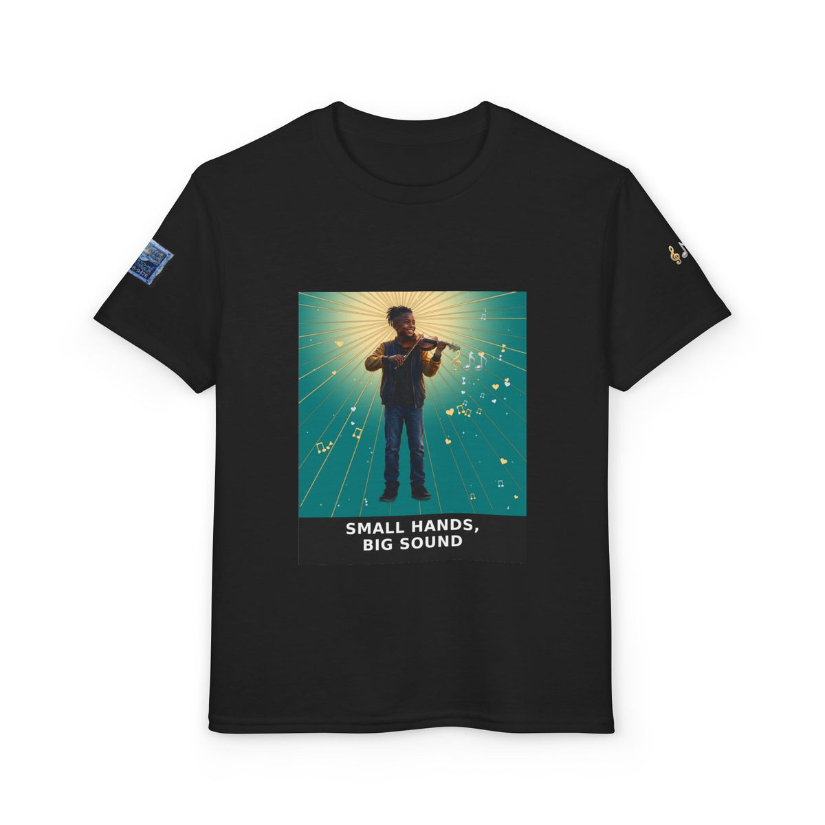 Small Hands, Big Sound — Black Boy Violin Pre-Teen Musician Tee (Teal) (Budget Edition)