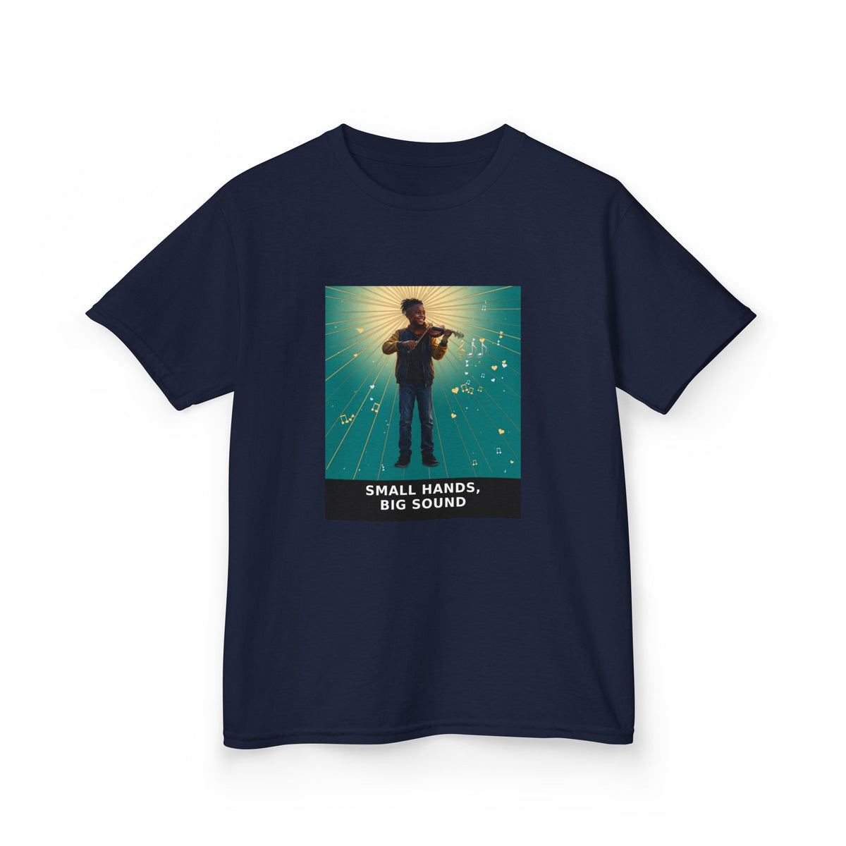 Small Hands, Big Sound — Black Boy Violin Pre-Teen Musician Tee (Teal) (Budget Edition) (Front Print)