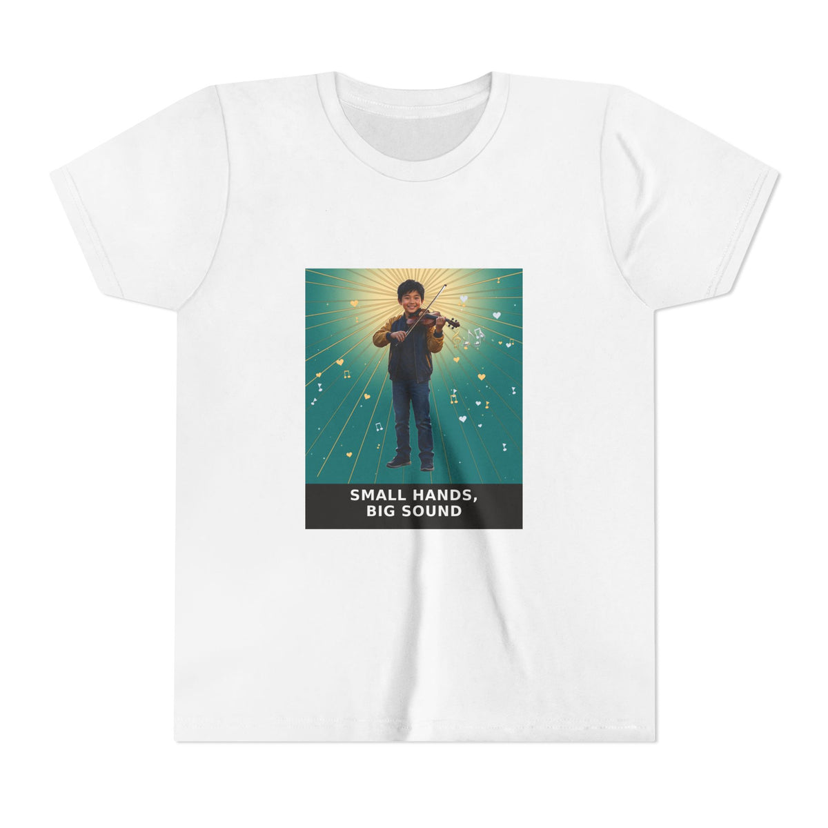 Small Hands, Big Sound — Asian Boy Violin Pre-Teen Musician Tee (Teal) (Front Print)