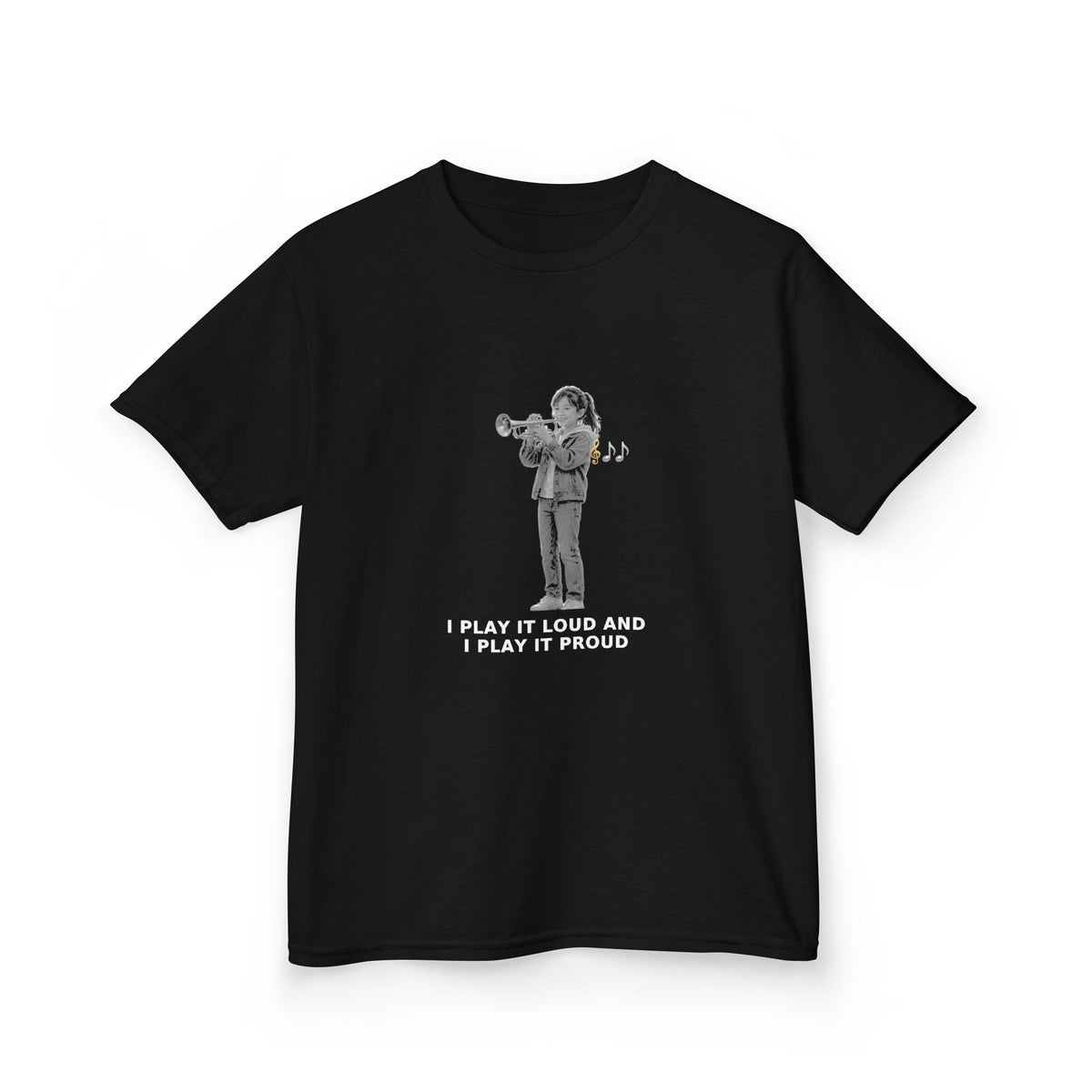 I Play It Loud and I Play It Proud — Asian Girl Trumpet Pre-Teen Musician Tee (White Ink) (Budget Edition) (Front Print)