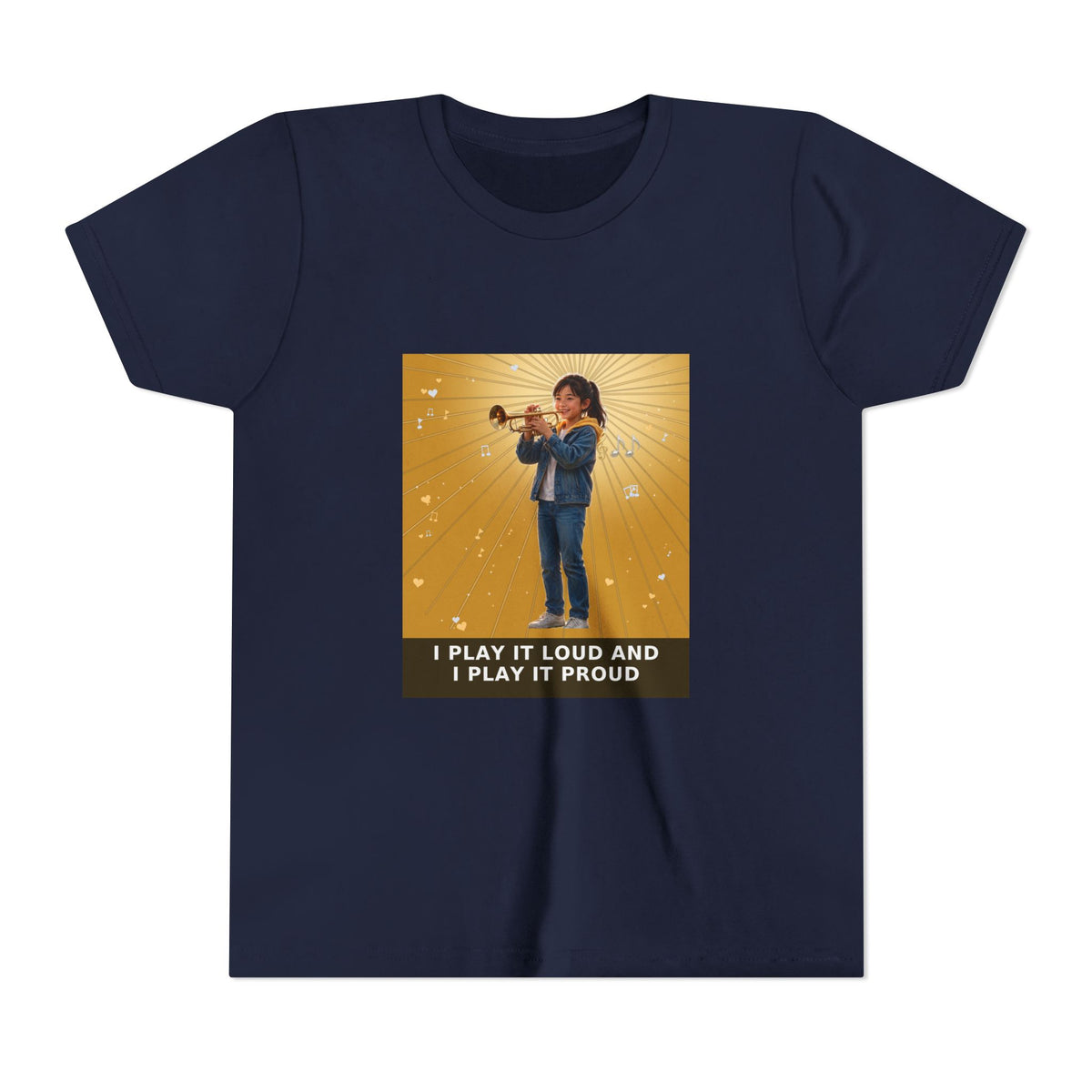 I Play It Loud and I Play It Proud — Asian Girl Trumpet Pre-Teen Musician Tee (Golden Amber) (Front Print)