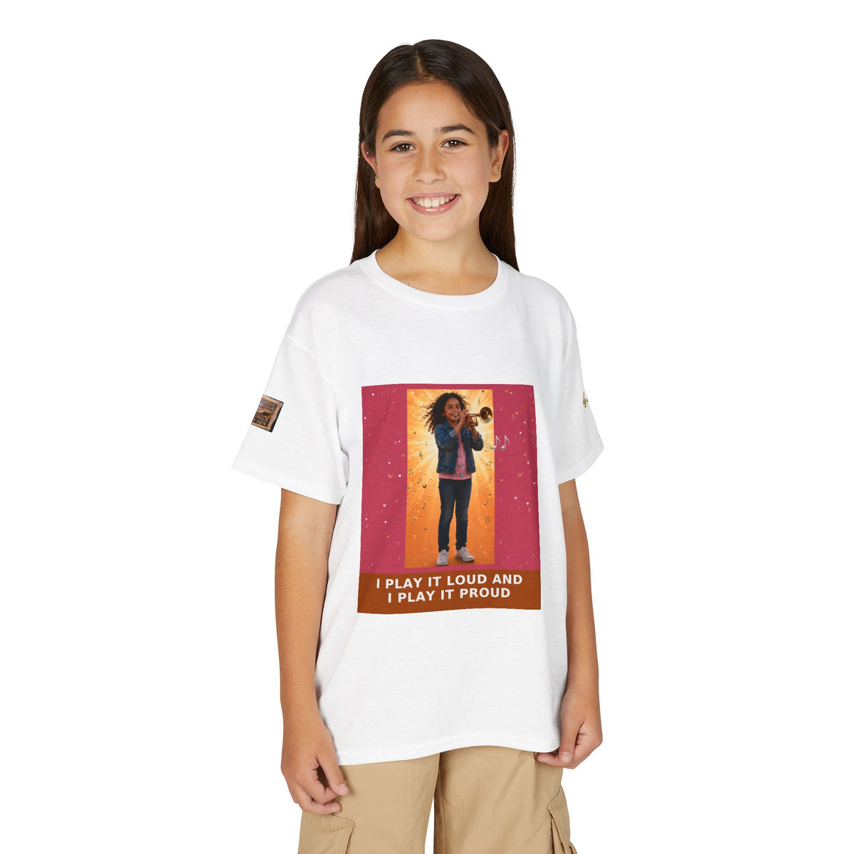 I Play It Loud and I Play It Proud — Latina Girl Trumpet Pre-Teen Musician Tee (Rose)