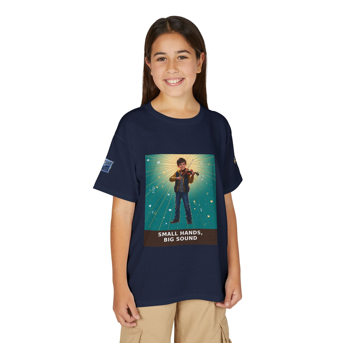 Small Hands, Big Sound — Boy Violin Pre-Teen Musician Tee (Teal) (Budget Edition)