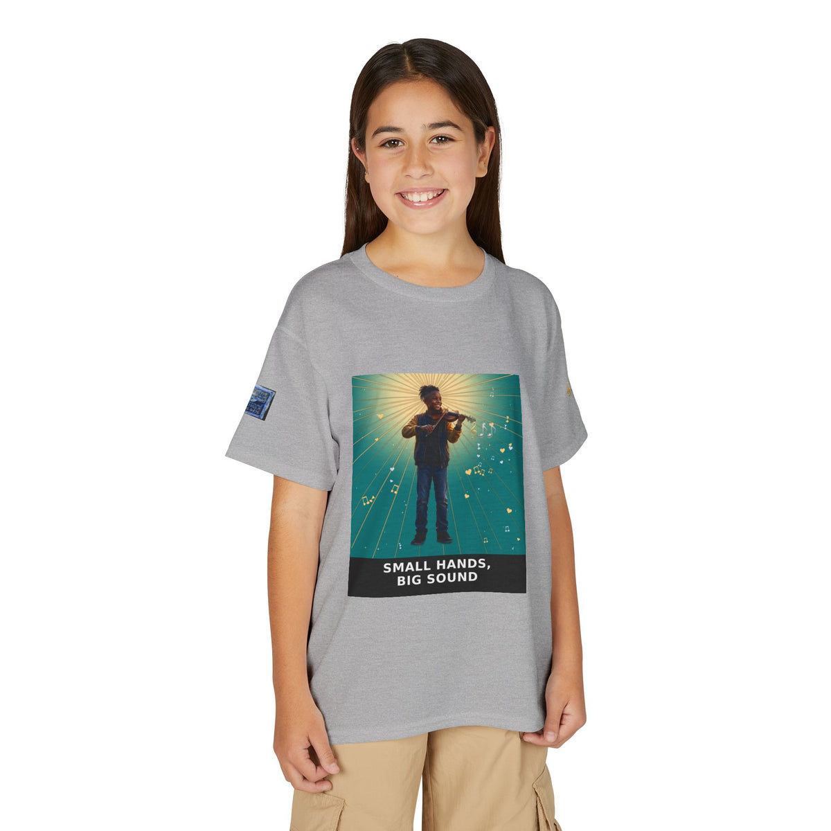 Small Hands, Big Sound — Black Boy Violin Pre-Teen Musician Tee (Teal) (Budget Edition)