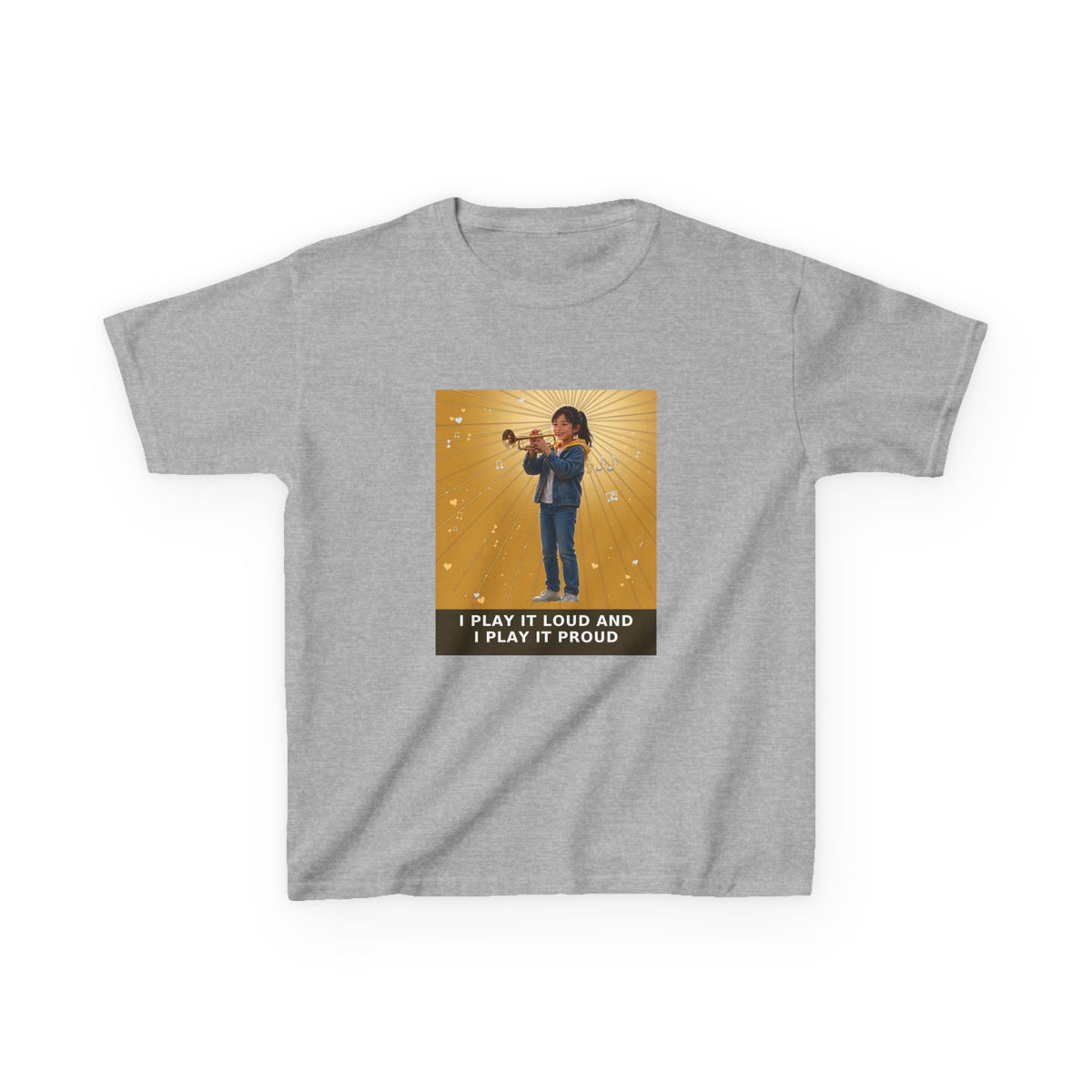 I Play It Loud and I Play It Proud — Asian Girl Trumpet Pre-Teen Musician Tee (Golden Amber) (Budget Edition) (Front Print)