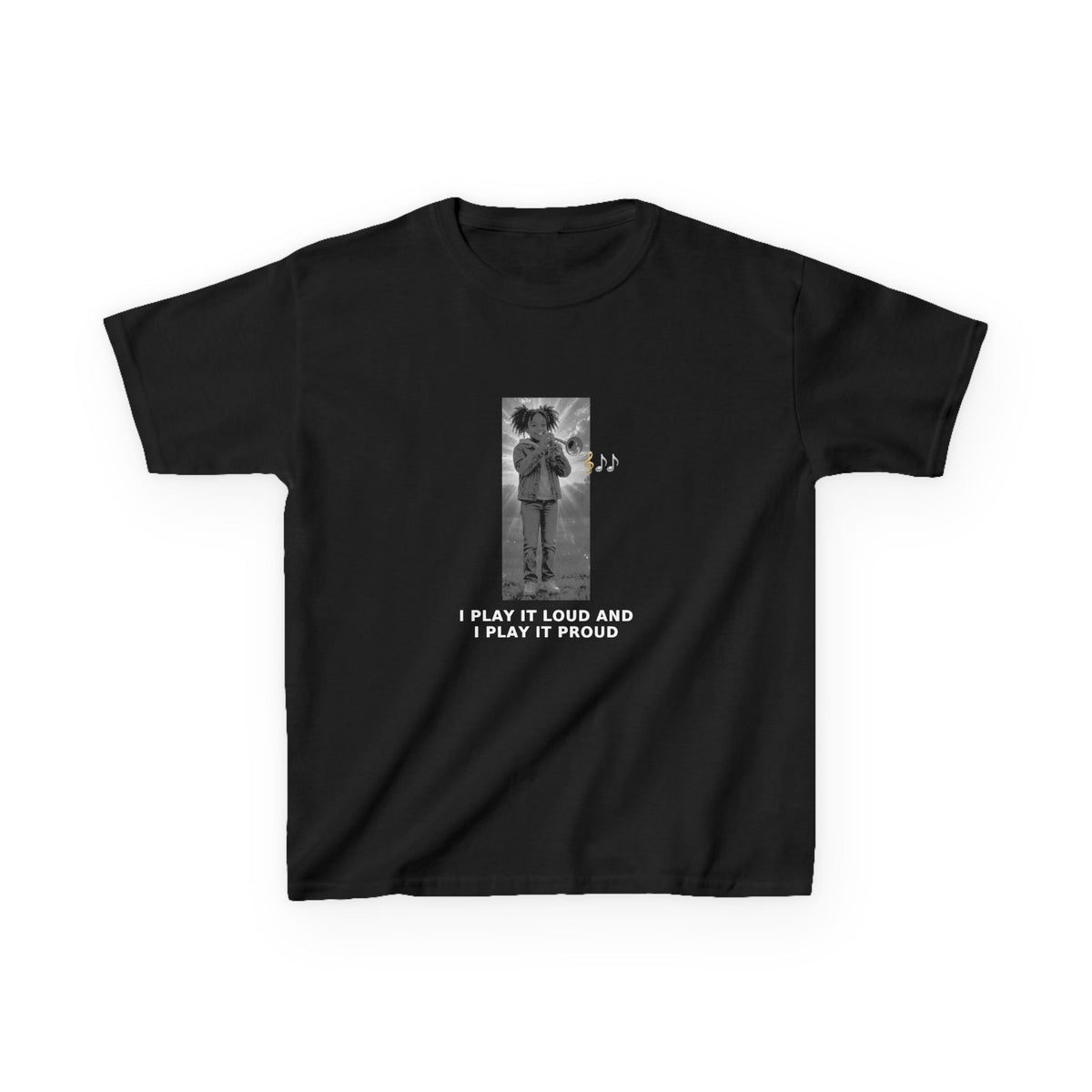 I Play It Loud and I Play It Proud — Black Girl Trumpet Pre-Teen Musician Tee (White Ink) (Budget Edition) (Front Print)