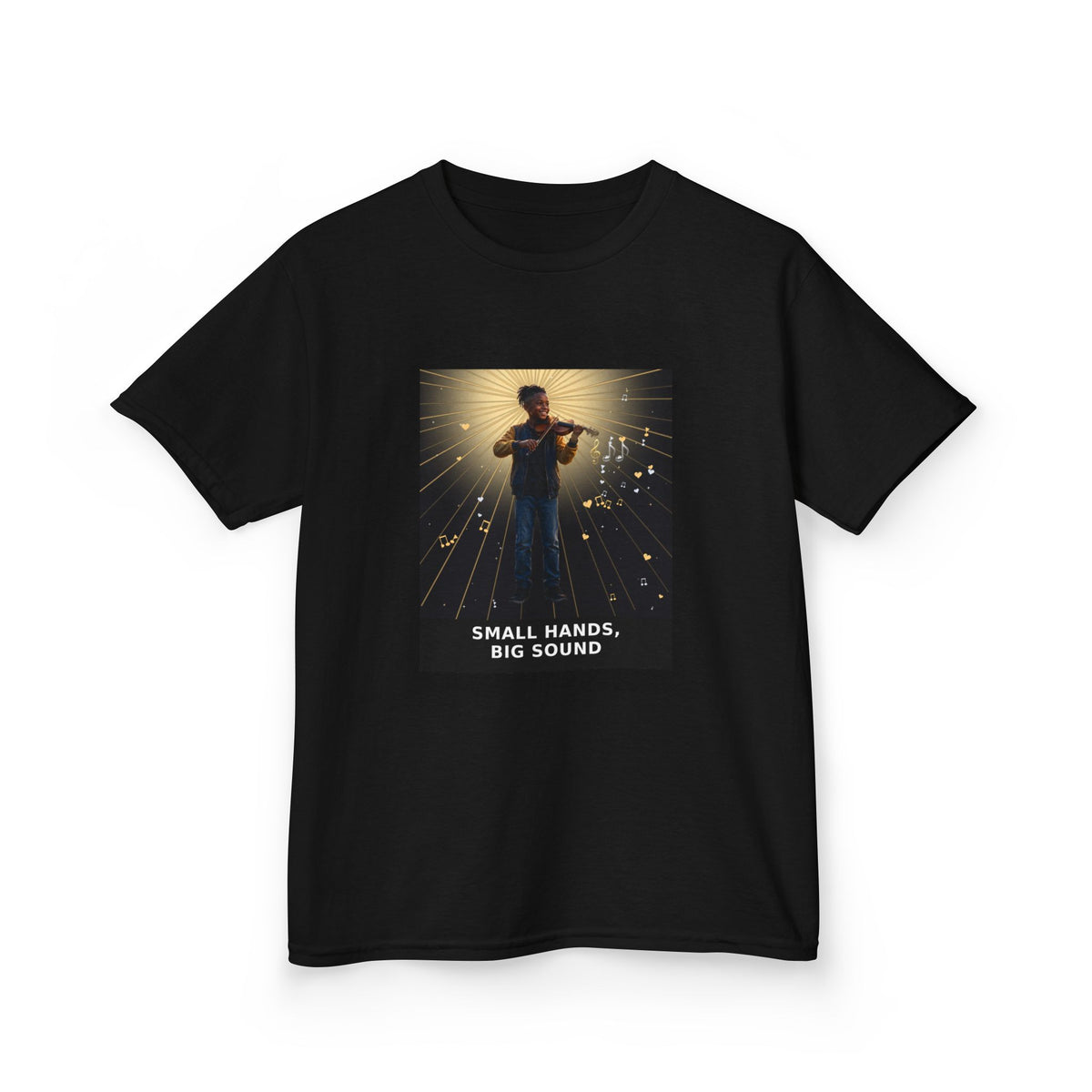 Small Hands, Big Sound — Black Boy Violin Pre-Teen Musician Tee (Budget Edition) (Front Print)