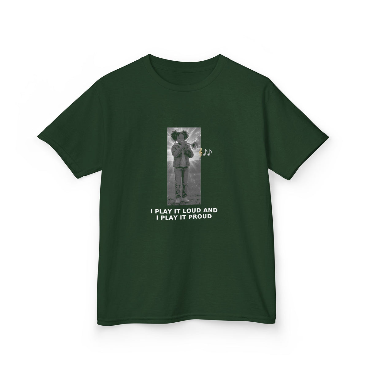 I Play It Loud and I Play It Proud — Black Girl Trumpet Pre-Teen Musician Tee (White Ink) (Budget Edition) (Front Print)