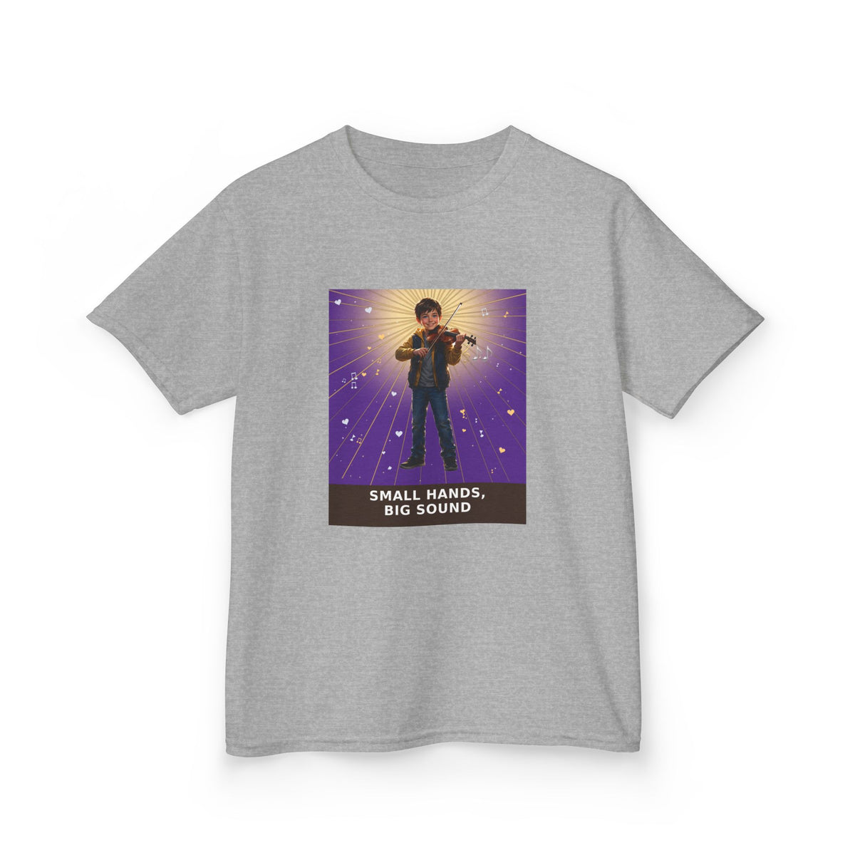 Small Hands, Big Sound — Boy Violin Pre-Teen Musician Tee (Royal Purple) (Budget Edition) (Front Print)