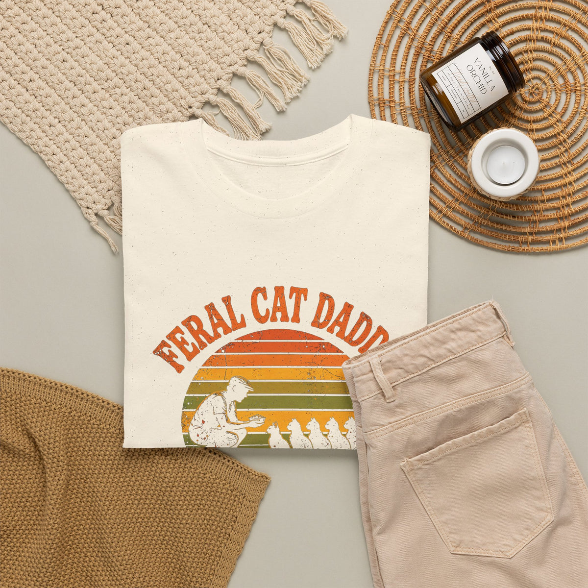 Feral Cat Daddy T-Shirt - Retro Sunset Cat Dad Tee, Est. at the 5 A.M. Feeding - Budget Edition