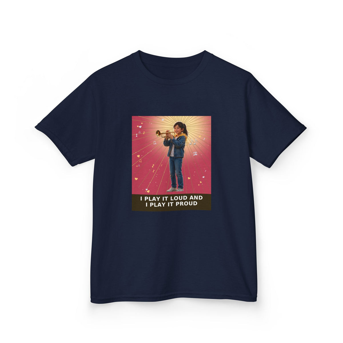 I Play It Loud and I Play It Proud — Asian Girl Trumpet Pre-Teen Musician Tee (Rose) (Budget Edition) (Front Print)