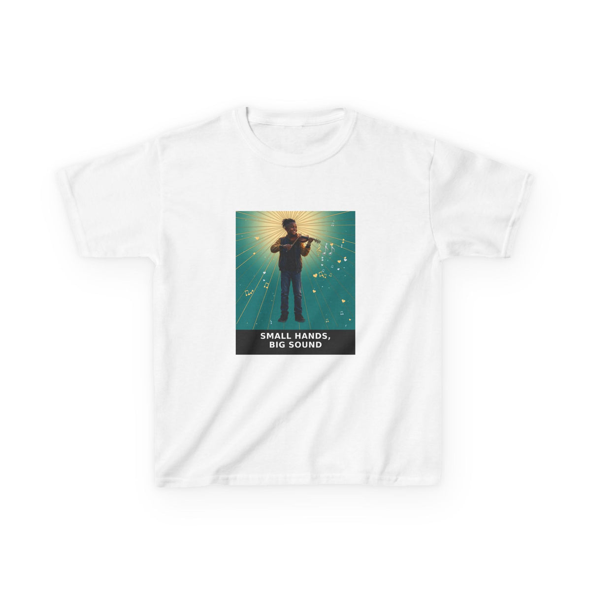 Small Hands, Big Sound — Black Boy Violin Pre-Teen Musician Tee (Teal) (Budget Edition) (Front Print)