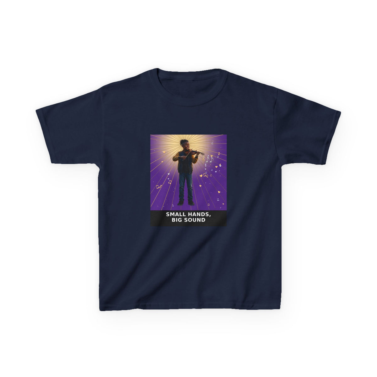 Small Hands, Big Sound — Black Boy Violin Pre-Teen Musician Tee (Royal Purple) (Budget Edition) (Front Print)