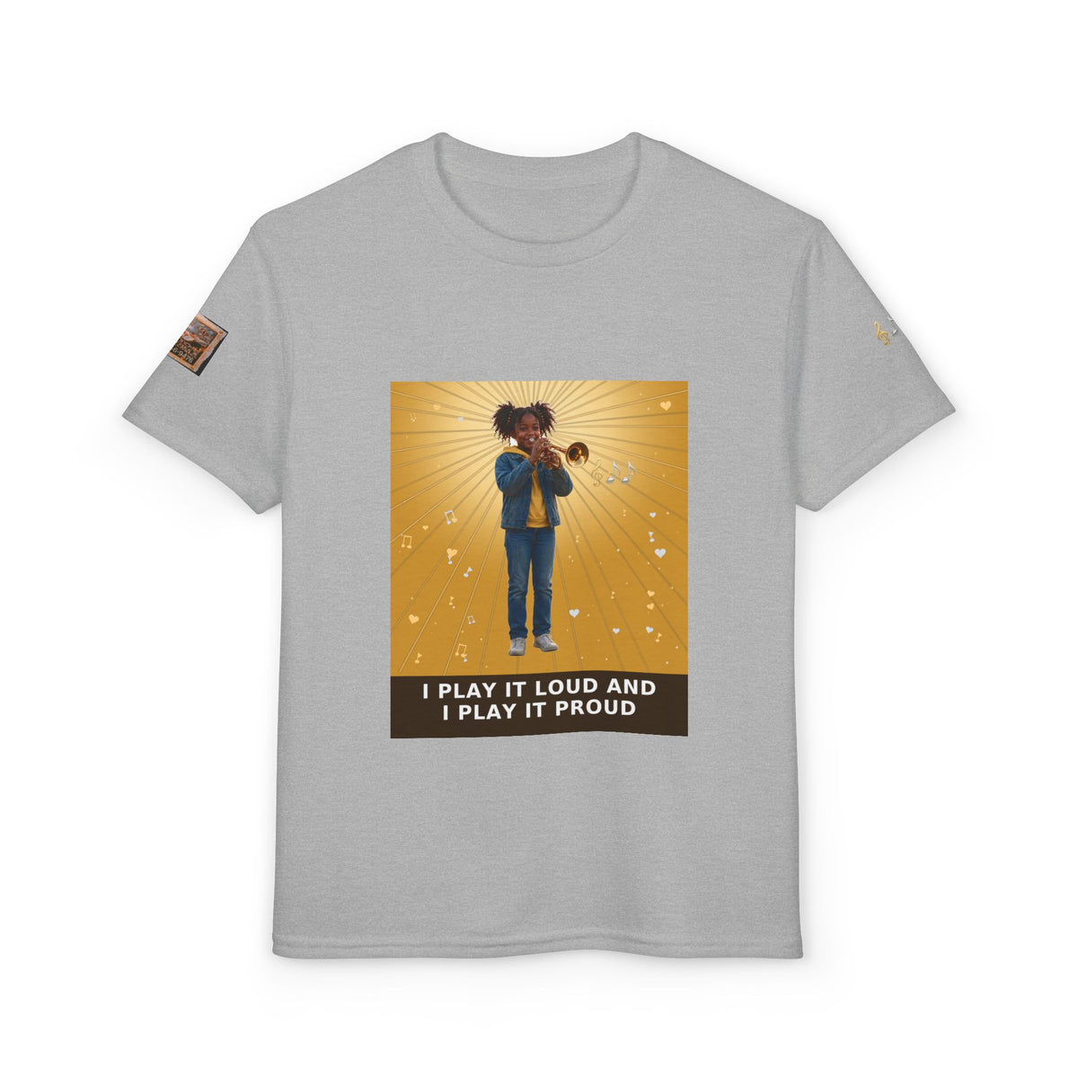 I Play It Loud and I Play It Proud — Black Girl Trumpet Pre-Teen Musician Tee (Golden Amber)