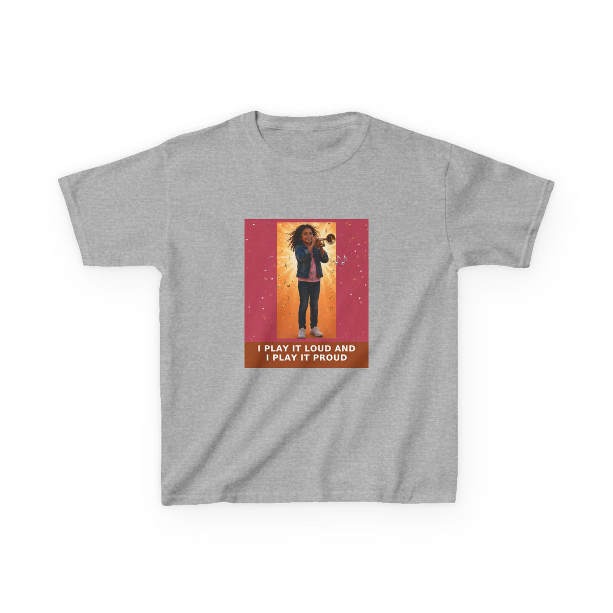 I Play It Loud and I Play It Proud — Latina Girl Trumpet Pre-Teen Musician Tee (Rose) (Budget Edition) (Front Print)