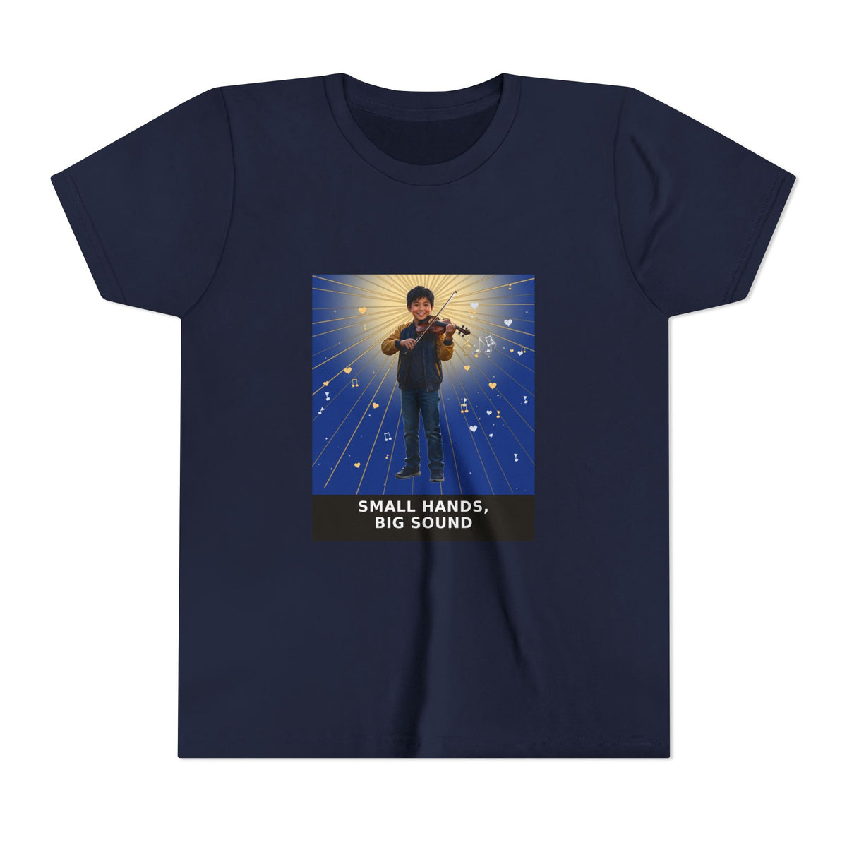 Small Hands, Big Sound — Asian Boy Violin Pre-Teen Musician Tee (Deep Blue) (Front Print)