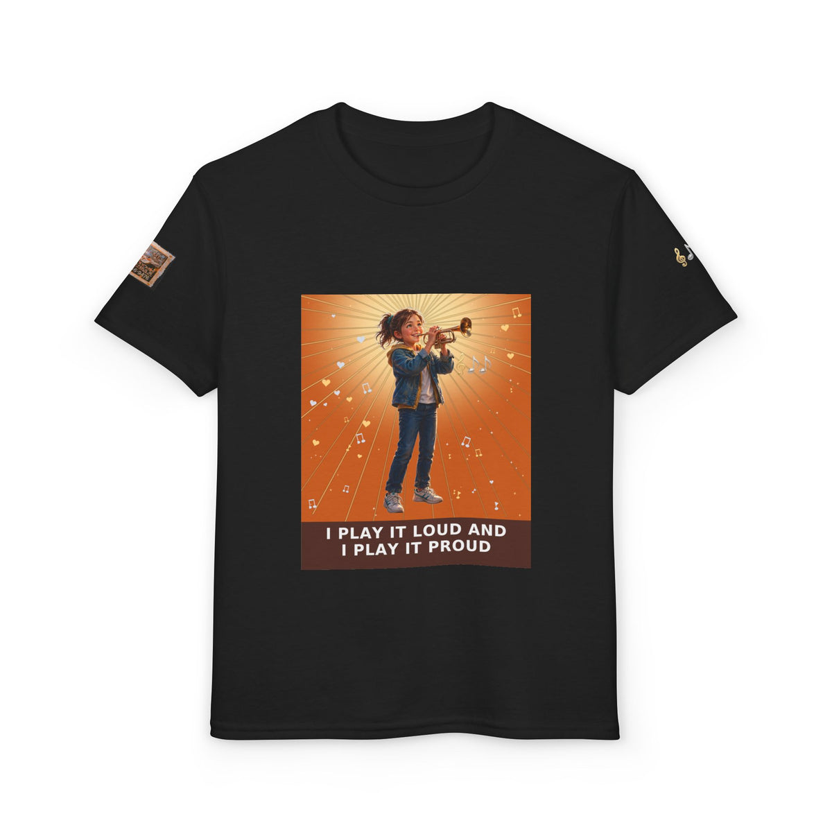 I Play It Loud and I Play It Proud — Girl Trumpet Pre-Teen Musician Tee (Sunset Orange) (Budget Edition)