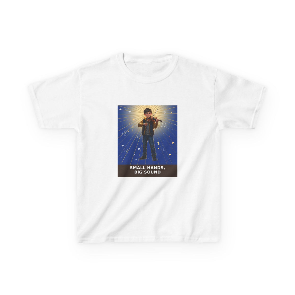 Small Hands, Big Sound — Boy Violin Pre-Teen Musician Tee (Deep Blue) (Budget Edition) (Front Print)