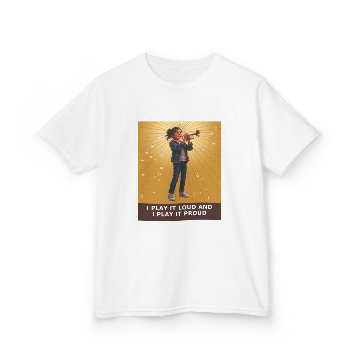 I Play It Loud and I Play It Proud — Girl Trumpet Pre-Teen Musician Tee (Golden Amber) (Budget Edition) (Front Print)