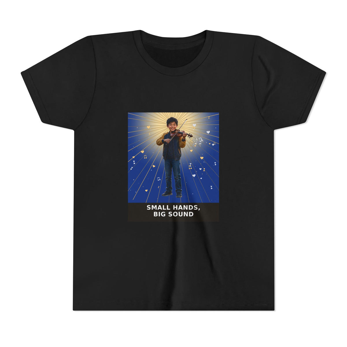 Small Hands, Big Sound — Asian Boy Violin Pre-Teen Musician Tee (Deep Blue) (Front Print)