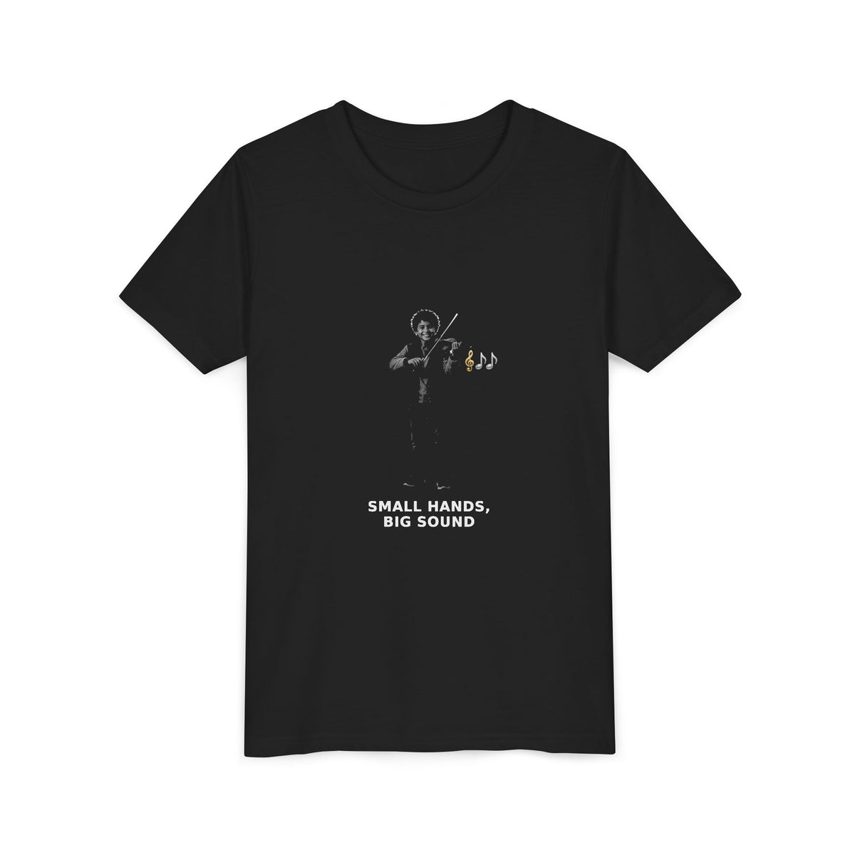 Small Hands, Big Sound — Latino Boy Violin Pre-Teen Musician Tee (White Ink) (Front Print)