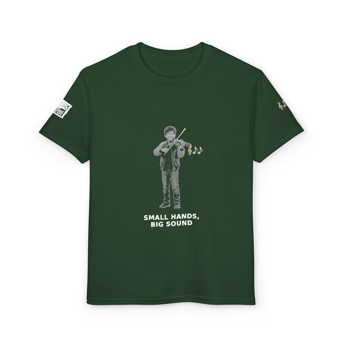 Small Hands, Big Sound — Asian Boy Violin Pre-Teen Musician Tee (White Ink)