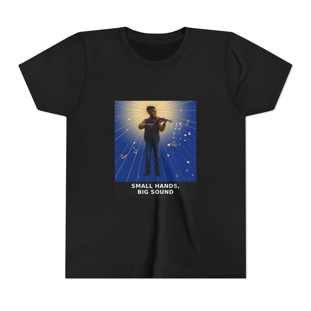 Small Hands, Big Sound — Black Boy Violin Pre-Teen Musician Tee (Deep Blue) (Front Print)