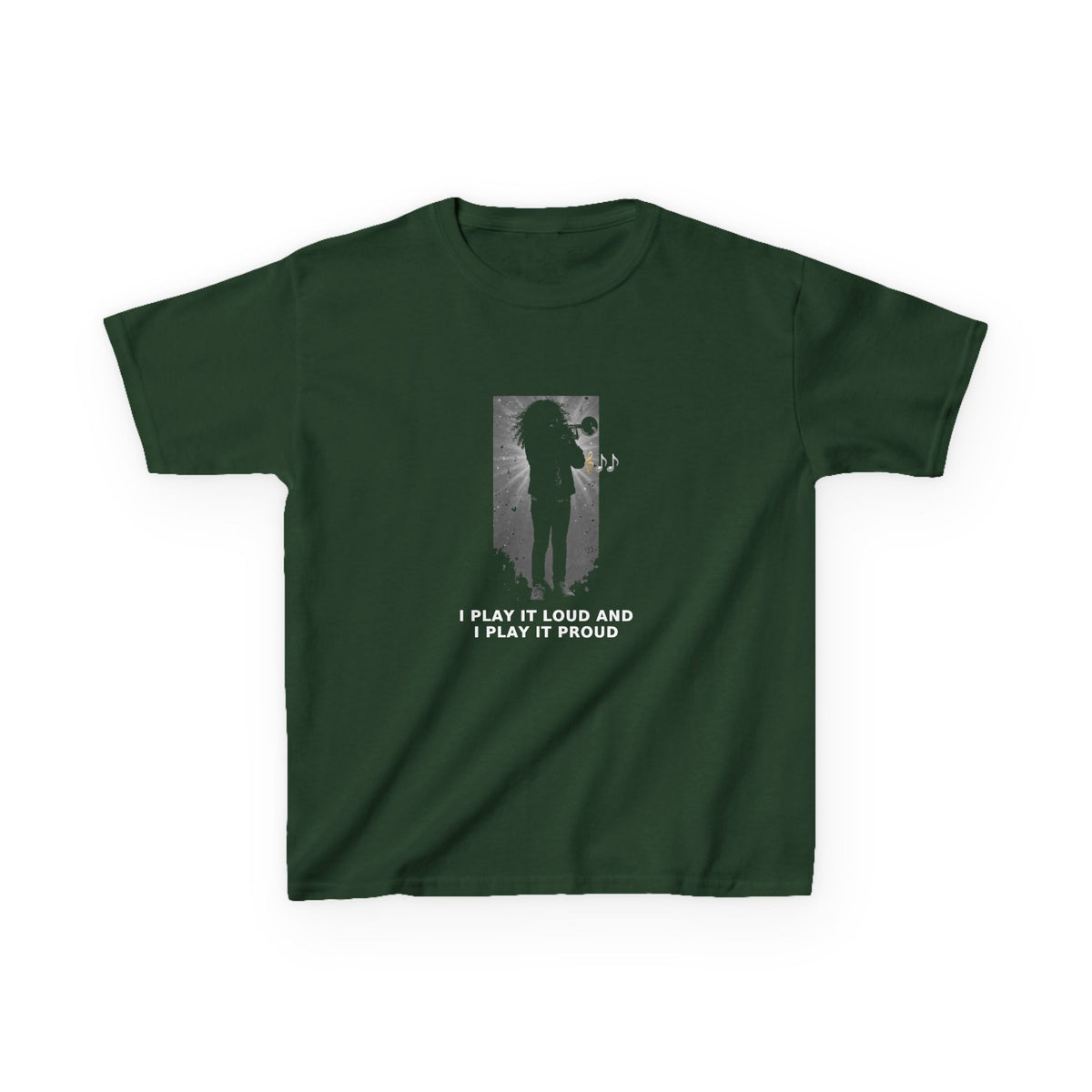 I Play It Loud and I Play It Proud — Latina Girl Trumpet Pre-Teen Musician Tee (White Ink) (Budget Edition) (Front Print)