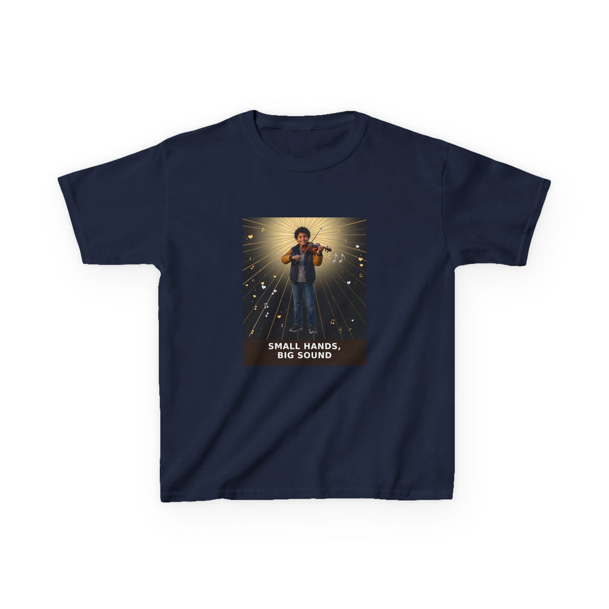Small Hands, Big Sound — Latino Boy Violin Pre-Teen Musician Tee (Budget Edition) (Front Print)